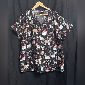 Koi Brand Party Dogs New Year’s Celebration Print Scrub Top 3X